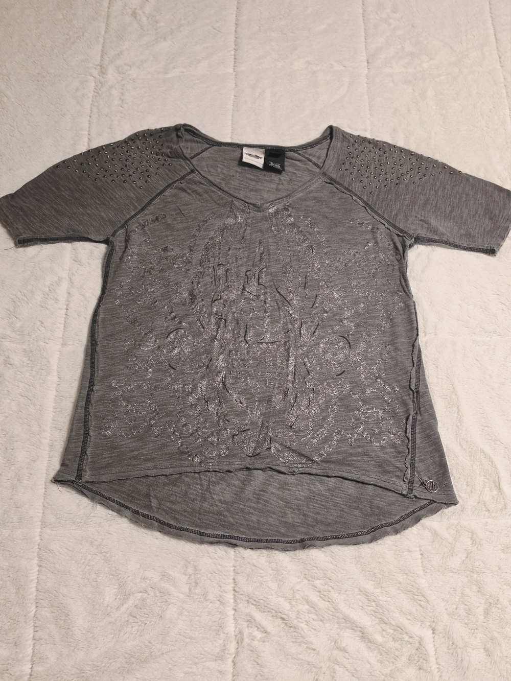 Harley-Davidson Gray V-Neck Short Sleeve Tee with Stud Accents